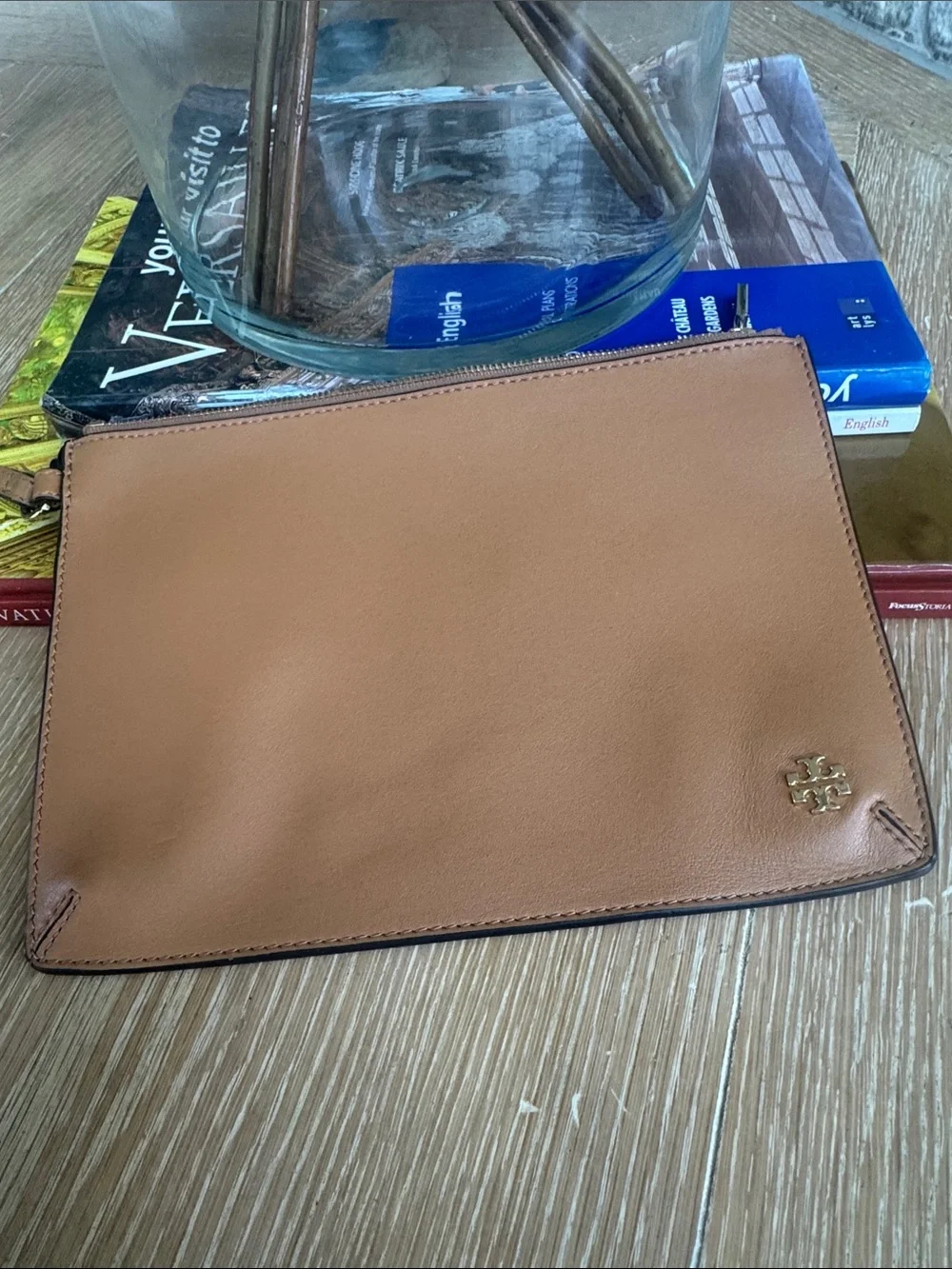 Tory Burch Cognac Leather Wristlet with Gold Hardware